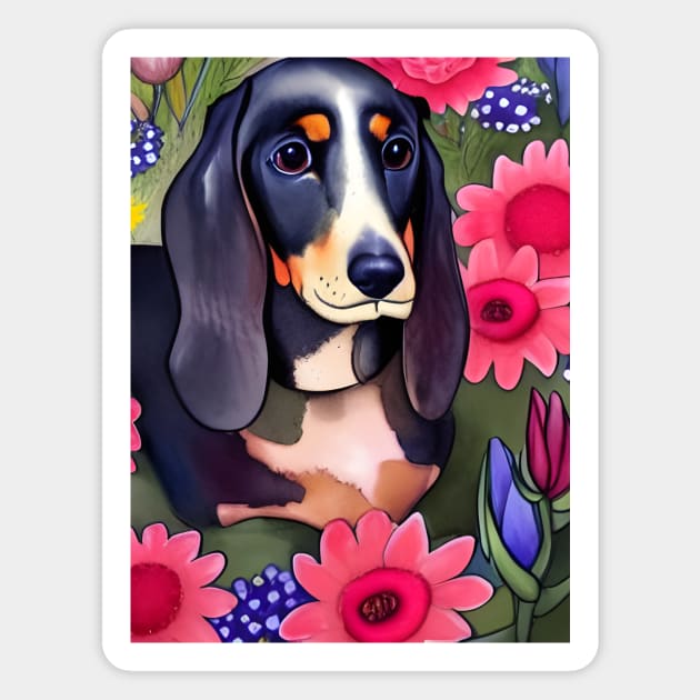 Basset Hound Dachshund Mix Basschshund Dog Puppy Whimsical Portrait Hiding in Wildflowers Secret Garden Digital Art Watercolor Painting Magnet by joannejgg